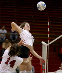 Sophomore middle blocker Christina DeMarco takes her team-leading 20 serve aces into this weekends matches.